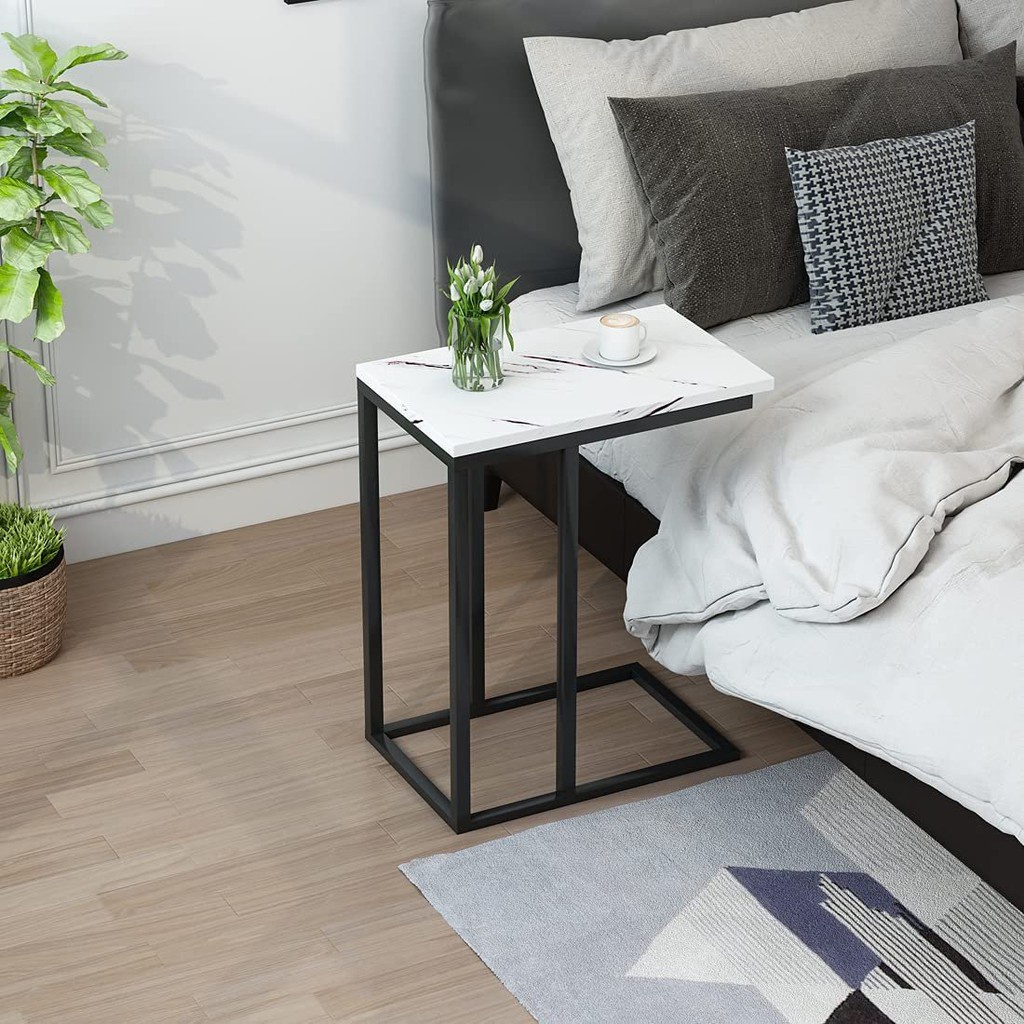 Bàn tab chữ C hiện đại sang trọng chân đen mặt đá trắng cao cấp.