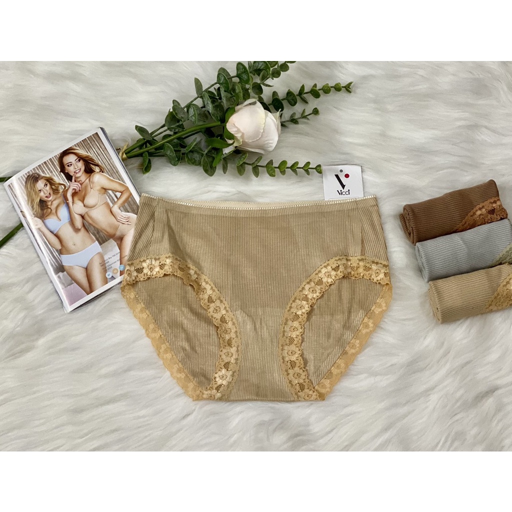 Quần lót nữ thun tăm cotton viền ren, không đường may Vicci 014 siêu kháng khuẩn, khử mùi