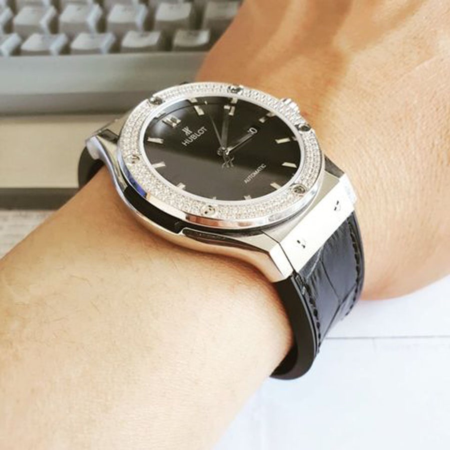 Đồng hồ Hublot Nam đính đá kép 2 vành đá máy cơ automatic mặt đen vỏ trắng 42mm dây da, dây cao su | BigBuy360 - bigbuy360.vn