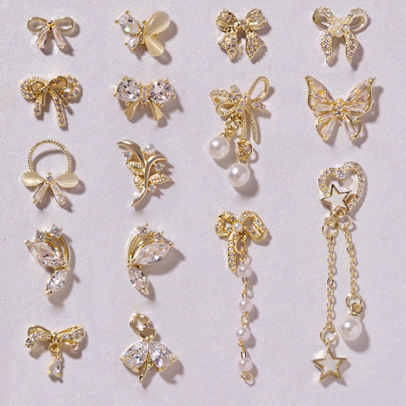 Phụ Kiện Trang Trí Móng Tay Hình Hoa Và Bướm Phối Chuỗi Ngọc Trai Và Đá Zircon Xinh Xắn