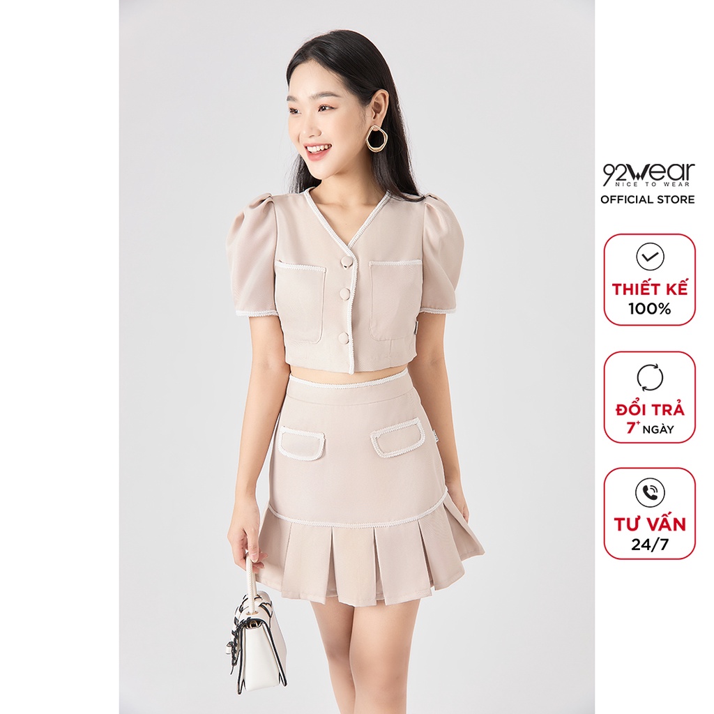 Áo sơ mi croptop nữ ngắn tay cổ V 92WEAR, thiết kế dây viền trẻ trung, chất liệu tuýt si cao cấp ABW1100