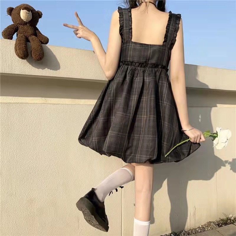 Đầm PERTY hai dây dáng xòe phồng họa tiết kẻ sọc thời trang Hàn Quốc mùa hè dành cho nữ
