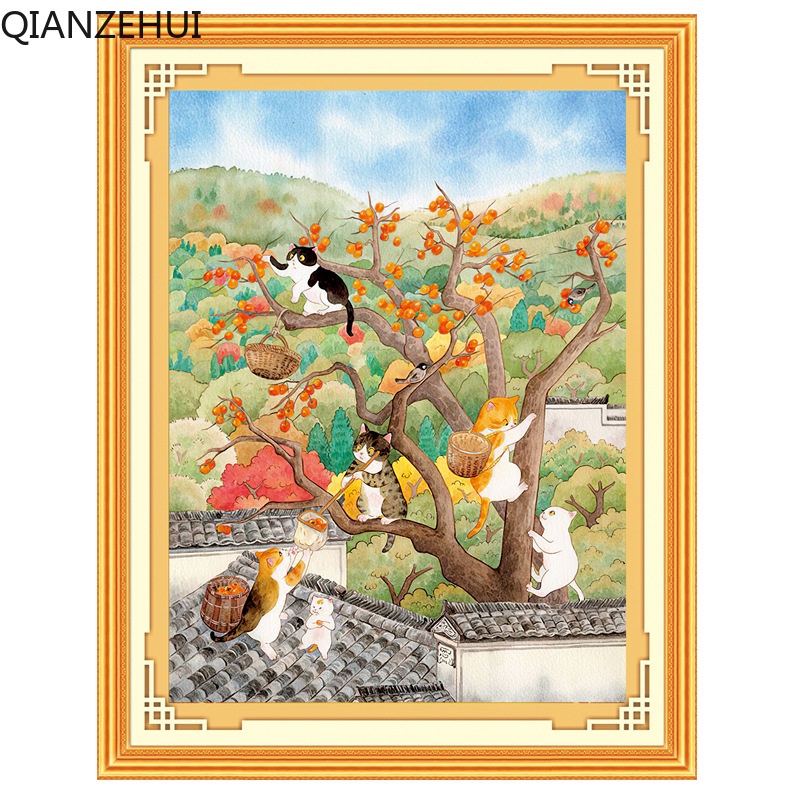 Bộ Tranh Thêu Chữ Thập DIY Hình Mèo May Mắn 11CT