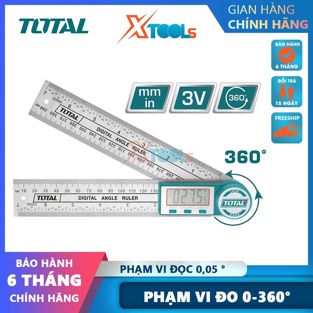 Thước đo kỹ thuật số TOTAL TMT333601, phạm vi đo 0-360°,0-200mm,0~400mm, chuyển đổi hệ thống mét/inch-CHÍNH HÃNG-XTOOLS