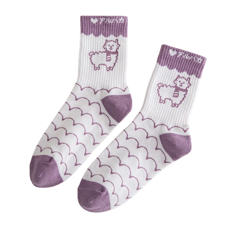 Vớ Cotton Họa Tiết Sọc Tím / Trắng In Hình Chú Cừu Hoạt Hình Dễ Thương Cho Nữ