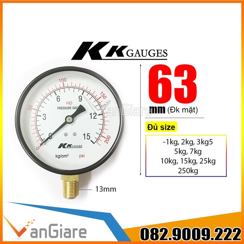 [Đủ size] Đồng hồ đo áp suất nước khí hơi KK 63mm