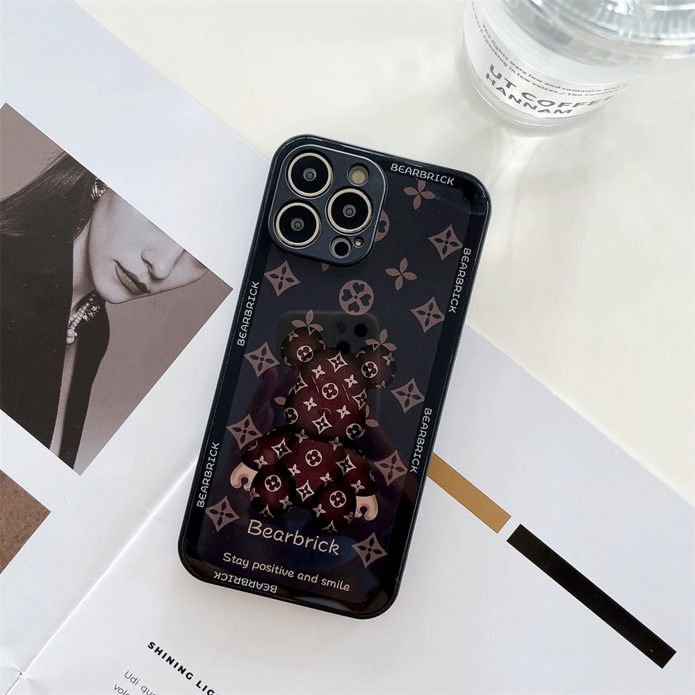 Ốp điện thoại mặt kính in họa tiết màu đen bảo vệ camera cho IPhone 13 12 11 Pro Max XS Max XR X 8 7 Plus