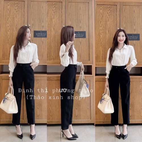 Quần baggy cúc lệch ống suông KH02, quần tây khuy lệch lưng cao kiểu dáng công sở màu đen cho nữ