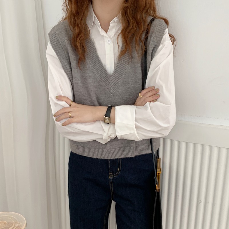 Áo Gile Len nữ Màu trơn Form rộng Thu Đông Ulzzang Hàn Quốc Áo Gile Len nữ Cổ tim Thời trang | BigBuy360 - bigbuy360.vn