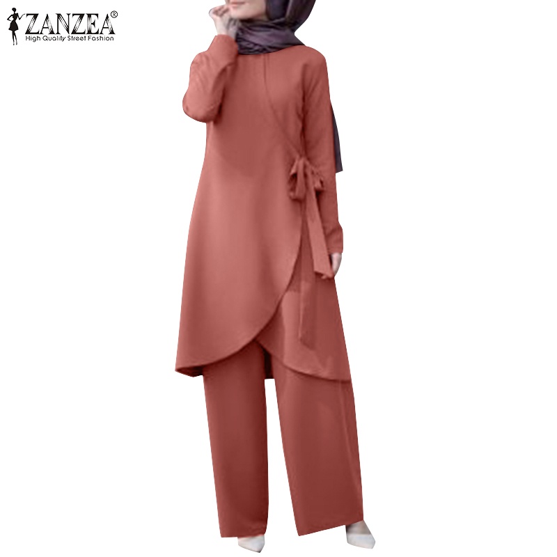 Bộ đồ hai mảnh Zanzea gồm áo tay dài và quần dài ống rộng màu trơn thiết kế đơn giản thời trang cho nữ