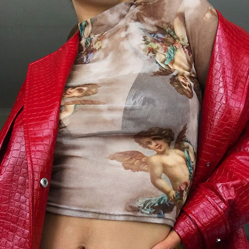 Áo Croptop Tay Dài Cổ Giả In Hình Thiên Thần Tình Yêu Màu Sắc Lãng Mạn Thời Trang Mùa Hè Cho Nữ