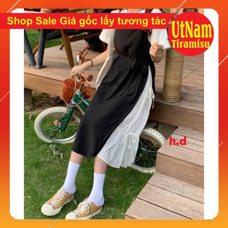 Sét váy 2 dây buộc eo phối váy trắng dáng xòe + áo thun trắng chất tuyết mưa basic nữ | BigBuy360 - bigbuy360.vn