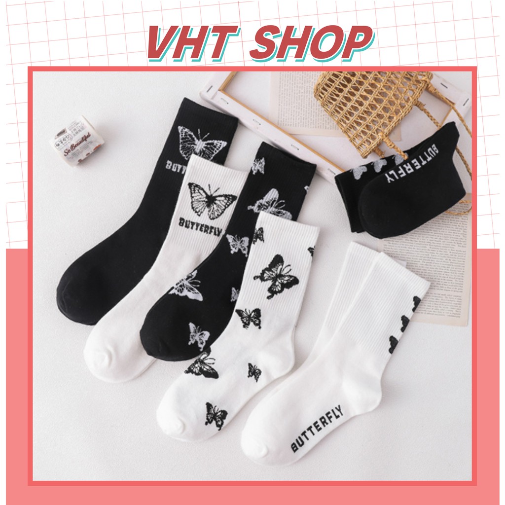 Tất cổ cao nữ, vớ cổ cao Unisex màu trắng đen vải cotton co giãn hình bướm Butterfly TC58 - VHT SHOP