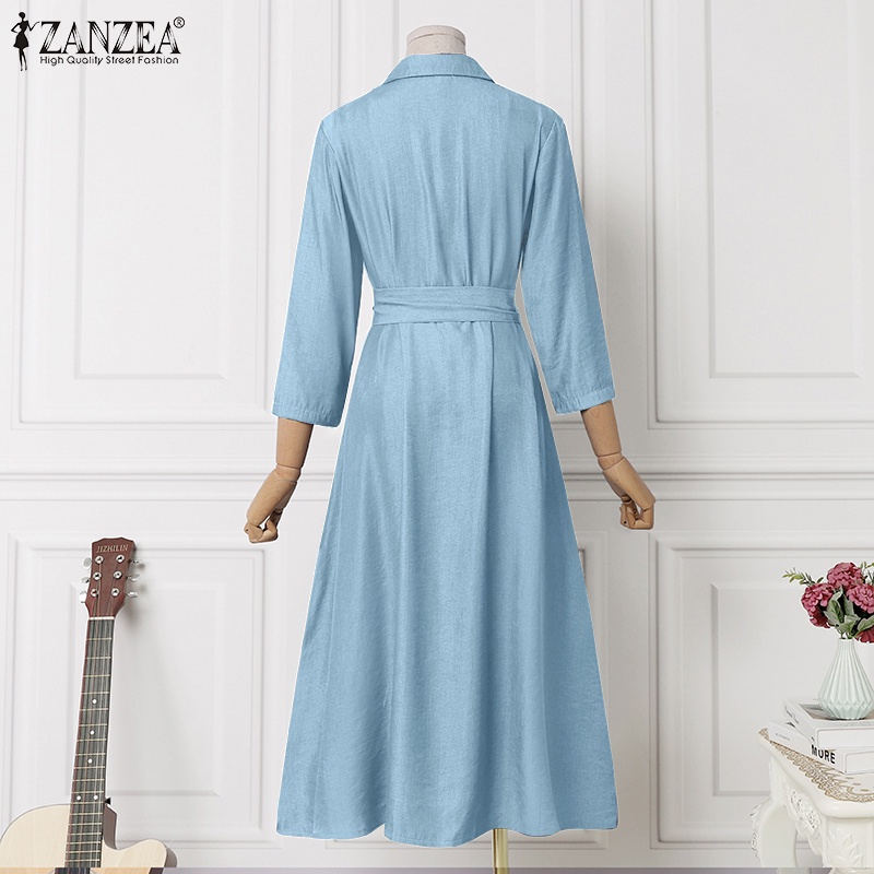 Đầm denim Zanzea tay 3/4 phong cách Âu Mỹ thời trang cho nữ