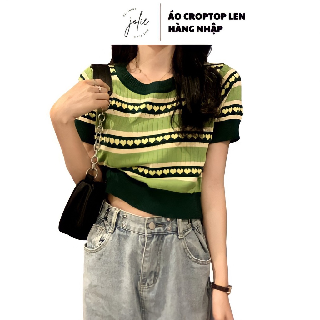 Áo croptop len cổ tròn, tay ngắn họa tiết trái tim xinh xắn