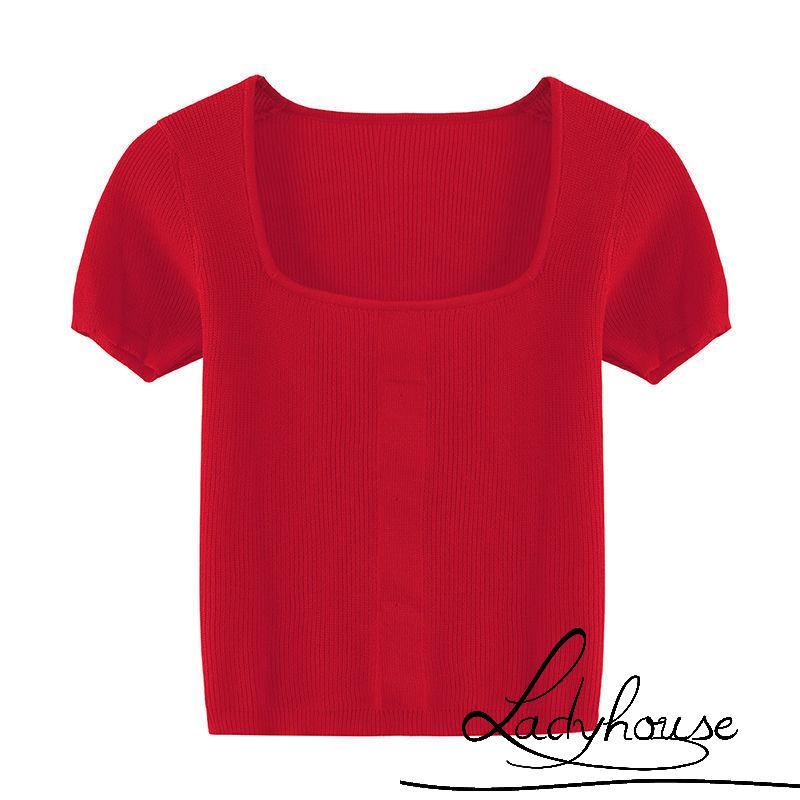 Áo Thun Dệt Kim Tay Ngắn Màu Trơn Cổ Vuông Hở Rốn Thời Trang Cho Nữ