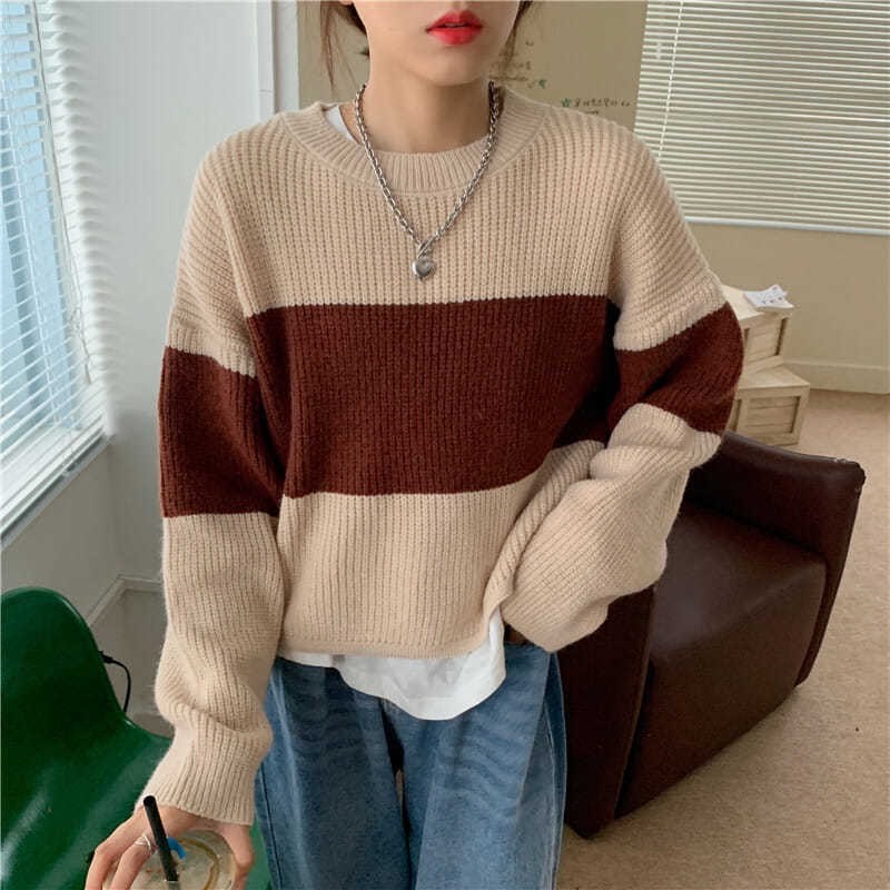 Áo sweater dệt kim cổ tròn tay dài dáng rộng kẻ sọc thời trang 46587