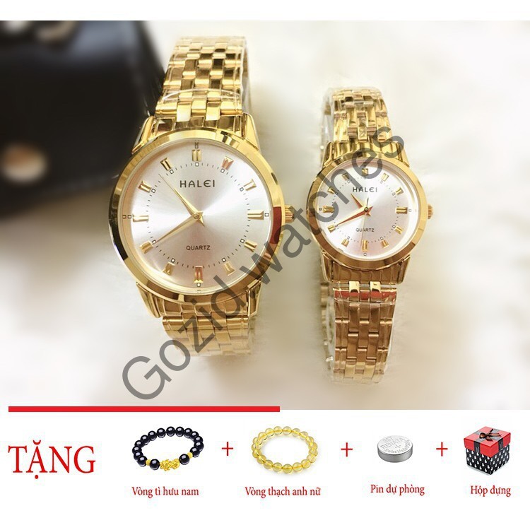 Đồng hồ cặp đôi dây thép Halei Gold platium sang trọng -Gozid.watches