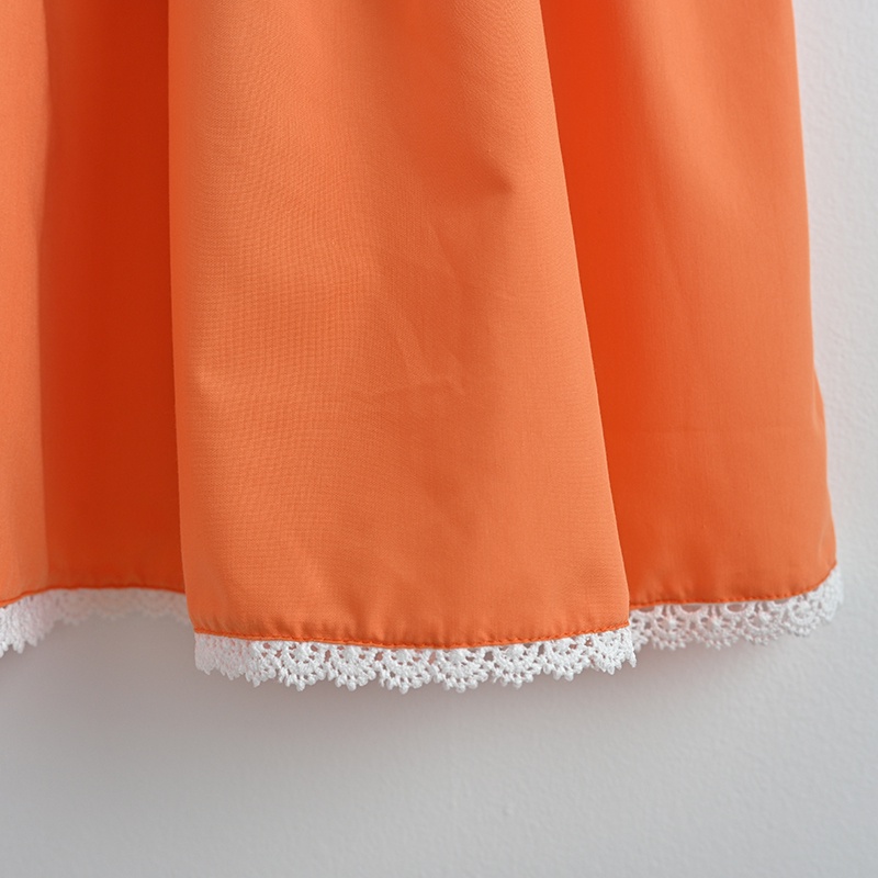 Đầm Babydoll Cổ Sen Thêu Hoa, Màu Cam Phối Dây Nơ