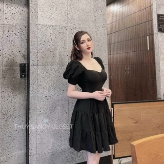 Đầm lụa xoè nhún tầng tay phồng ( kèm mút )