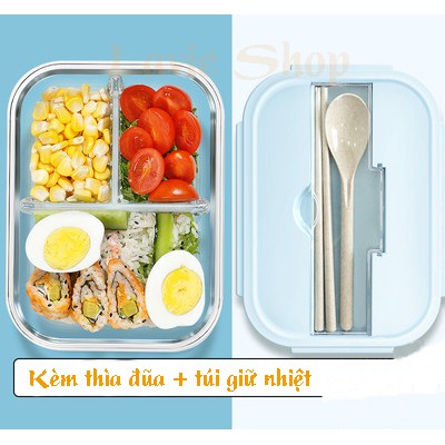 Hộp Đựng Cơm Thủy Tinh Chia 3 Ngăn Tiện Dụng Kèm Túi Giữ Nhiệt Có Thể Cho Vào Lò Vi Sóng Hoặc Tủ Lạnh VT161