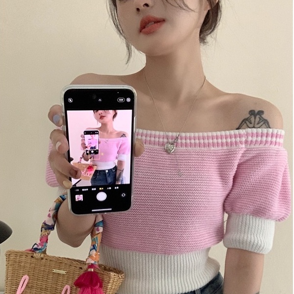 Áo Thun Tay Ngắn Trễ Vai Họa Tiết Sọc Ngang Thời Trang Dành Cho Nữ