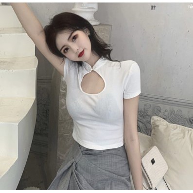 Áo kiểu khoét ngực cổ cao đính ngọc