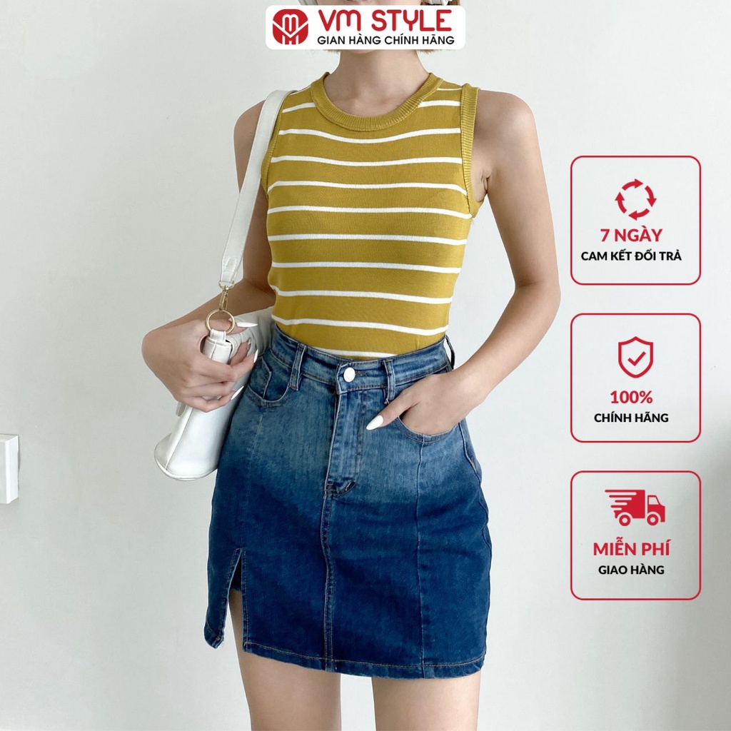 Chân váy jean VMSTYLE (CHẤT CO GIÃN) dáng ngắn pha màu xẻ tà trước CVJ00001