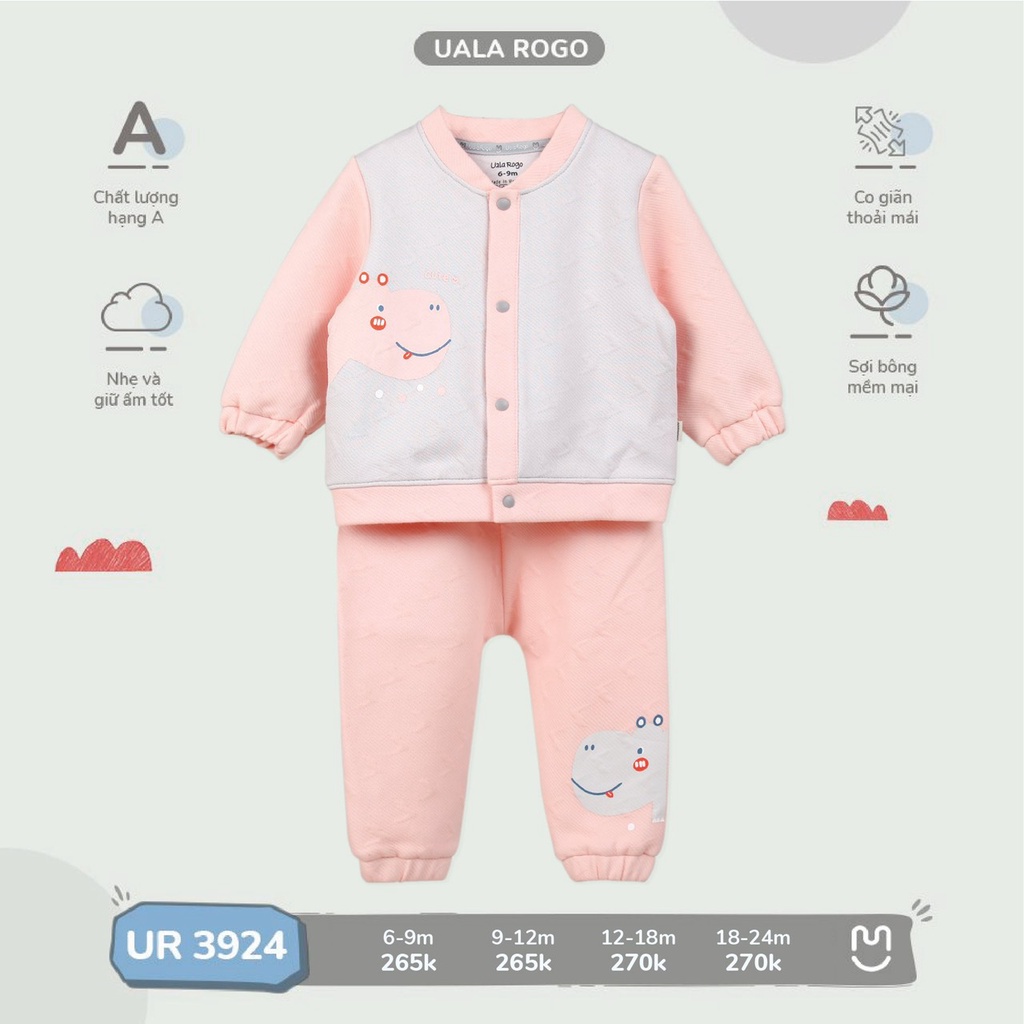 Bộ Uala Rogo Cotton cúc giữa hà mã viền tay màu dài tay cao cấp thấm hút tốt cho bé trai bé gái 3924