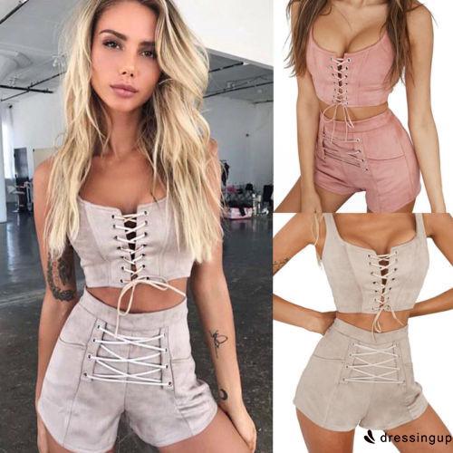 Set áo crop top và quần short đan dây chéo thời trang cho nữ