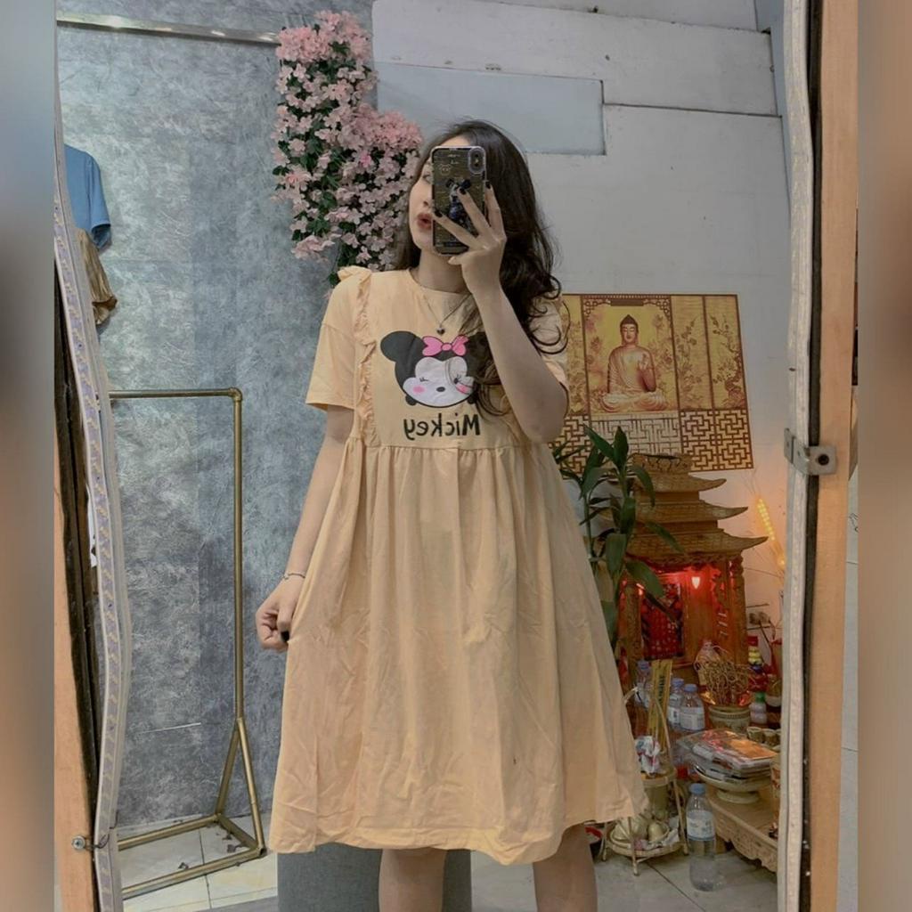 Đầm Bầu Váy Bầu Mùa Hè Dáng Babydoll Chất Cotton In Hình Mickey Dễ Thương Xinh Xắn Vái Mát HD2945 Honey Mommy