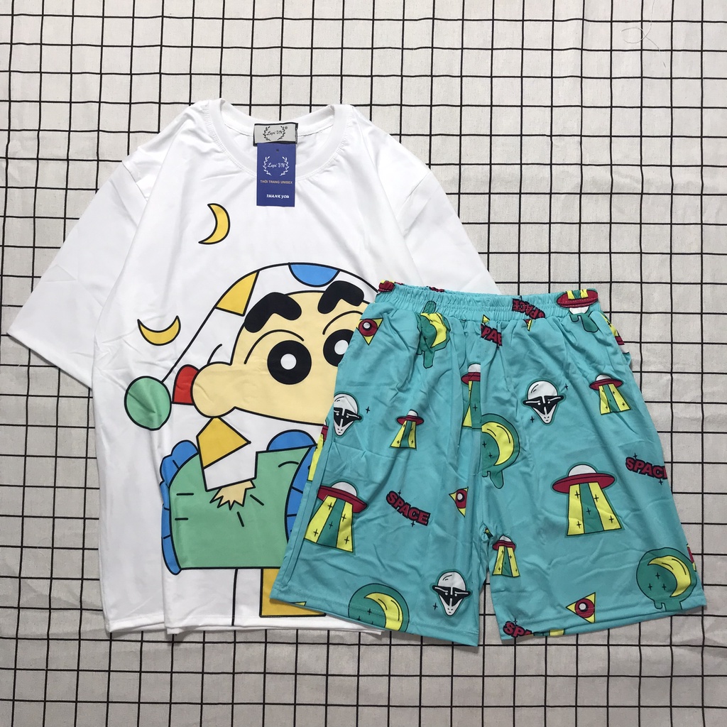 Đồ Bộ Unisex Tay Lỡ Shin Trắng Lapi VN, Set Bộ Cartoon, Freesize, Thun Cotton, Nam Nữ Đều Mặc Được