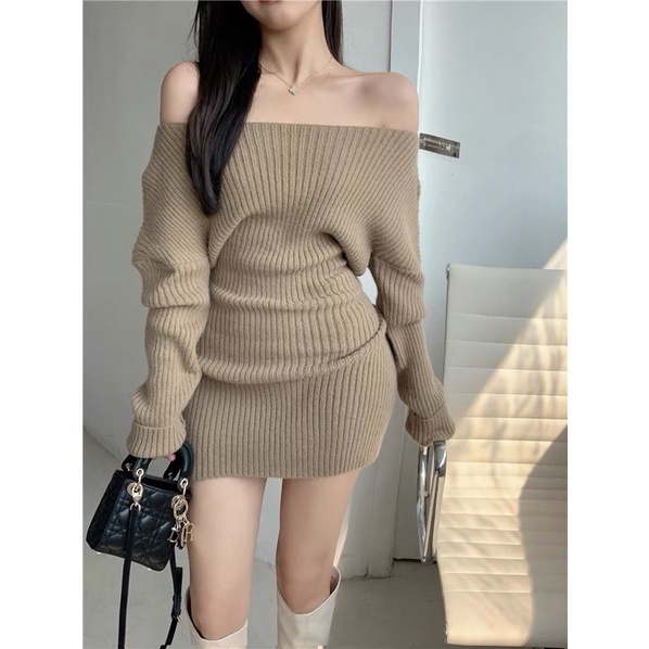 Váy len tăm trễ vai body phong cách sang chảnh