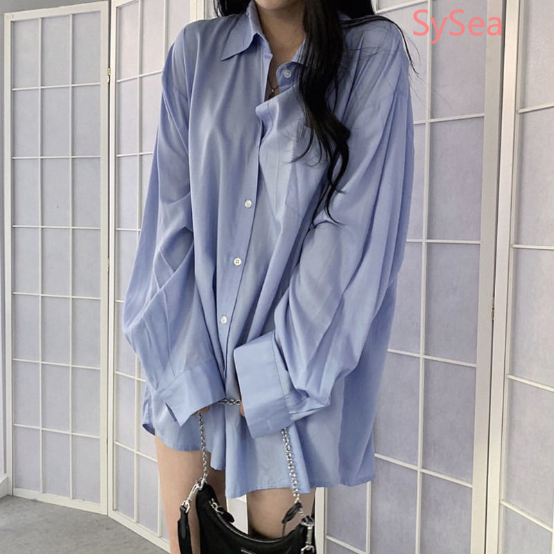 Áo Sơ Mi cổ đứng Tay Dài Dáng Rộng Màu Trơn Phong Cách Hàn Quốc cho nữ