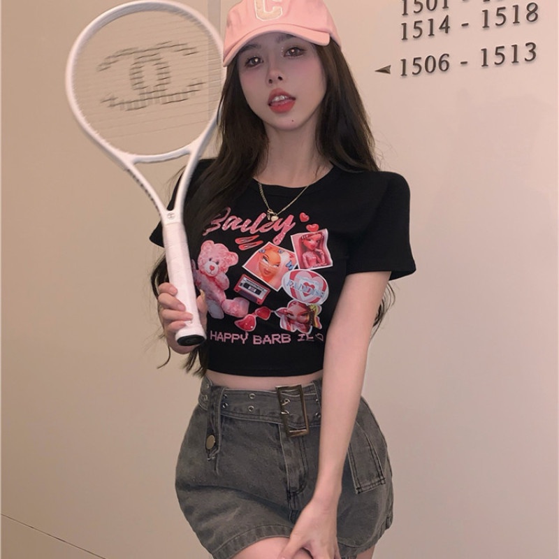 Áo Thun Tay Ngắn Dáng Ôm In Họa Tiết Hoạt Hình Dễ Thương Quyến Rũ Cho Nữ