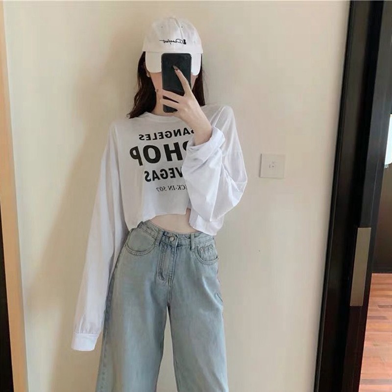 Women's Casual Printed Thin Short Long Sleeve T-Shirt "LIPHOP" White M Size