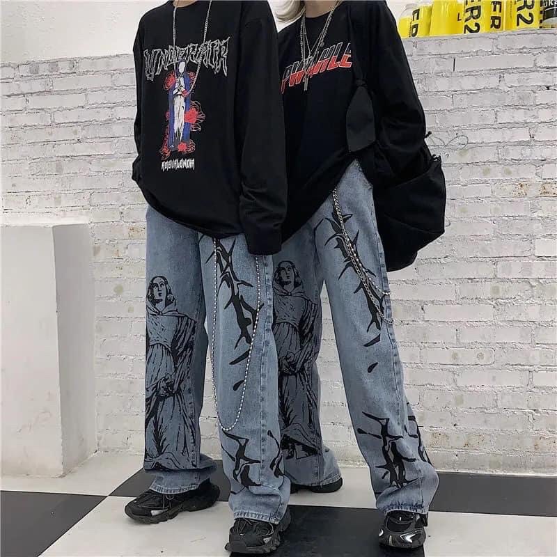 Quần jeans hoạ tiết ống suông rộng phong cách Ulzzang Hàn Quốc
