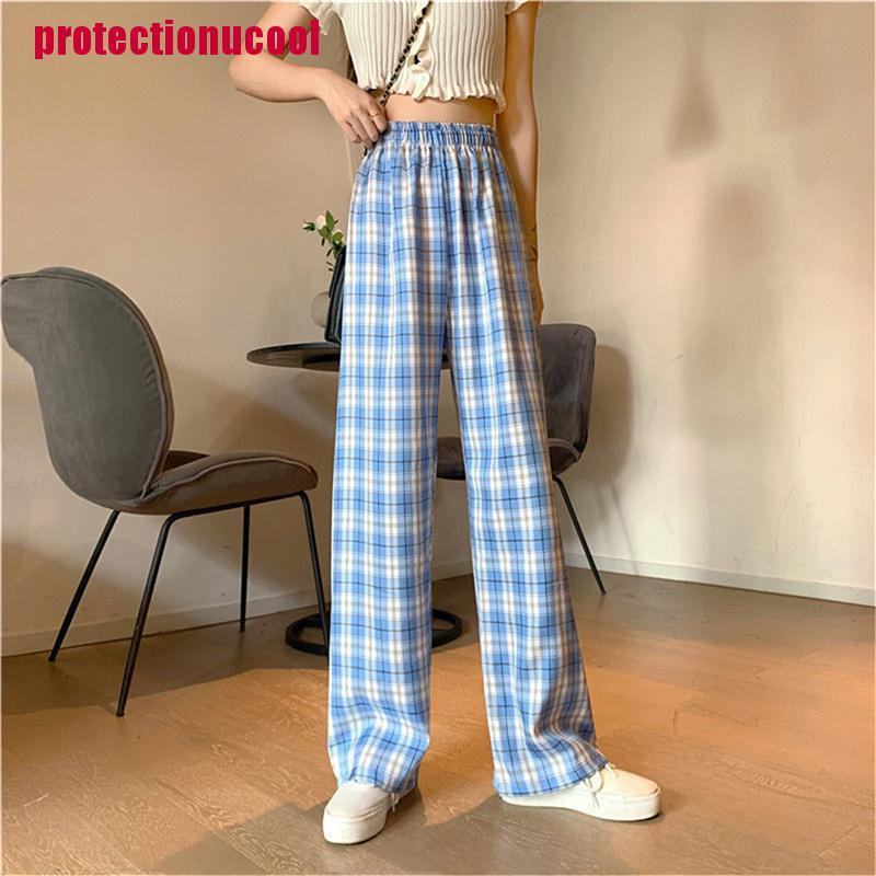 [procoolVN]Retro Plaid Wide-leg Pants Women Plaid Loose High Waist Wide Leg Long Trousers