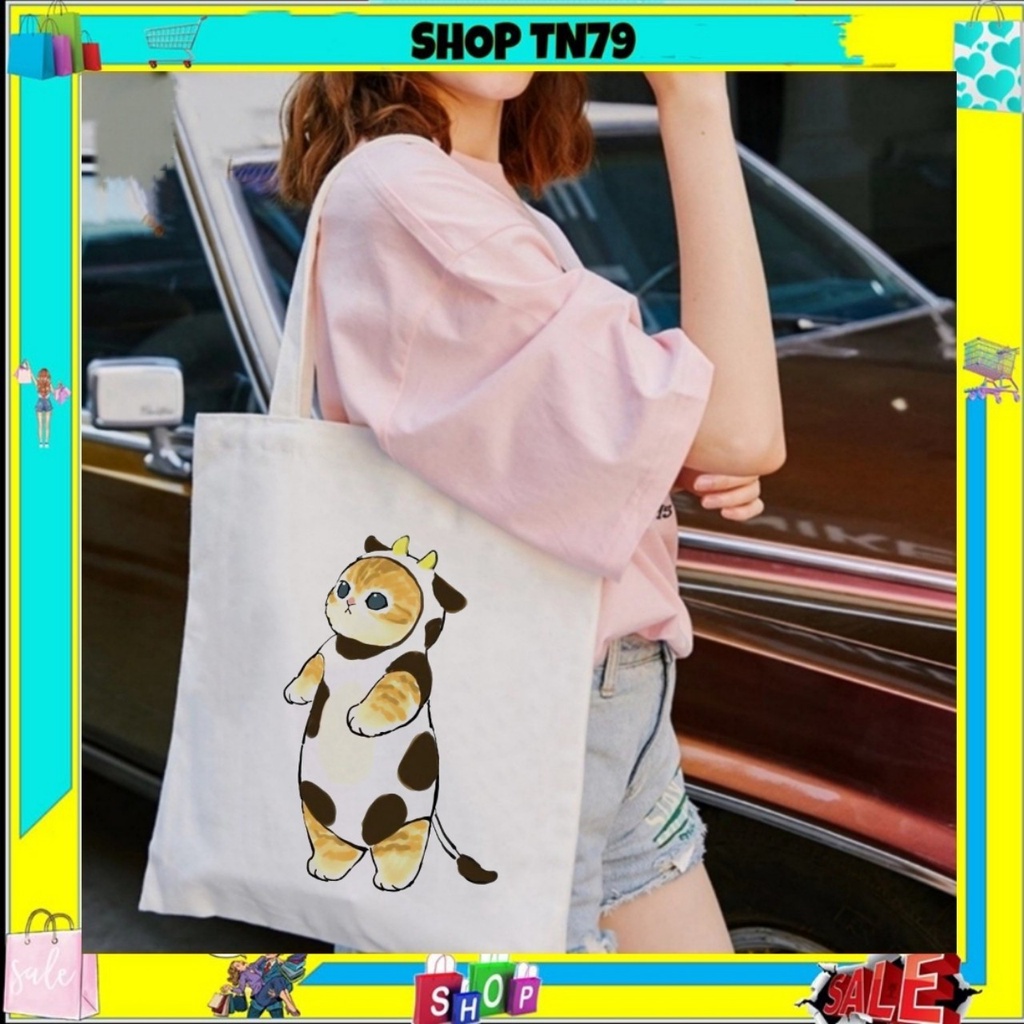 Túi tote vải đeo chéo canvas size to giá rẻ phong cách Hàn Quốc đi học đi chơi đều đẹp MÈO -T03