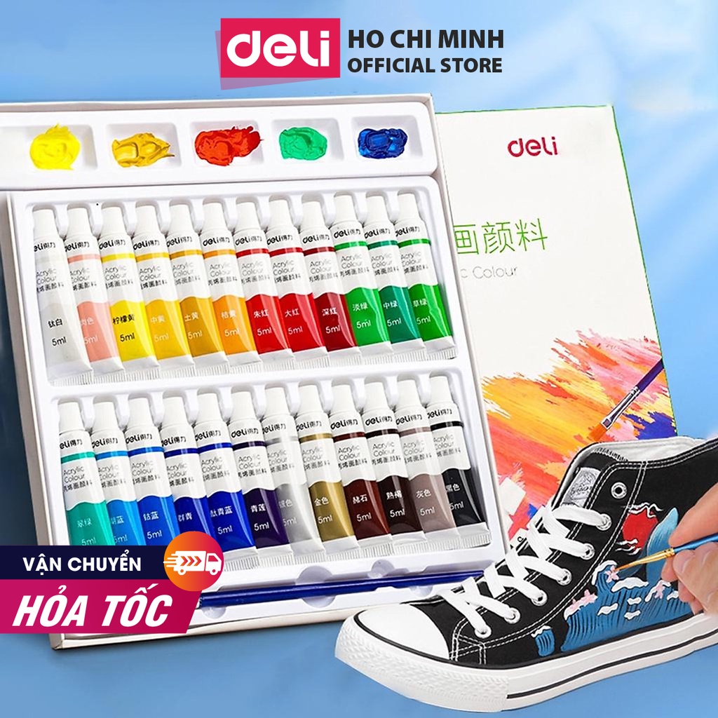 Màu nước acrylic dạng tuýp 5ml chuyên nghiệp Deli - dùng để vẽ vải / giày / tường - 12/18/24 màu - 73913 73914 73915