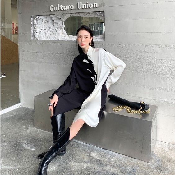 MUSHROOM LEE - Đầm Trắng Đen Thắt Nơ