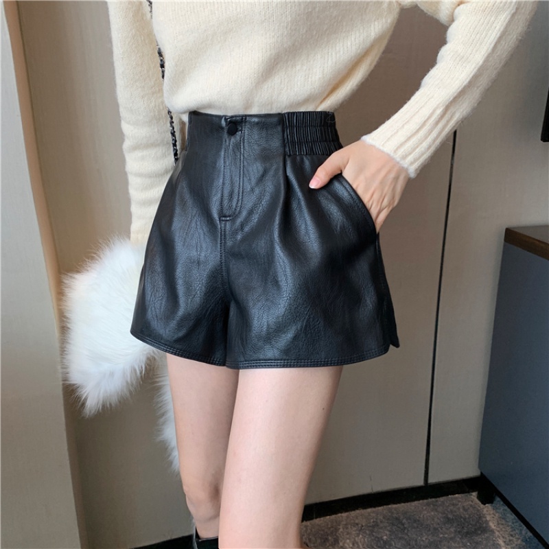 Quần đùi bằng da pu lưng cao ống rộng thời trang cho nữ