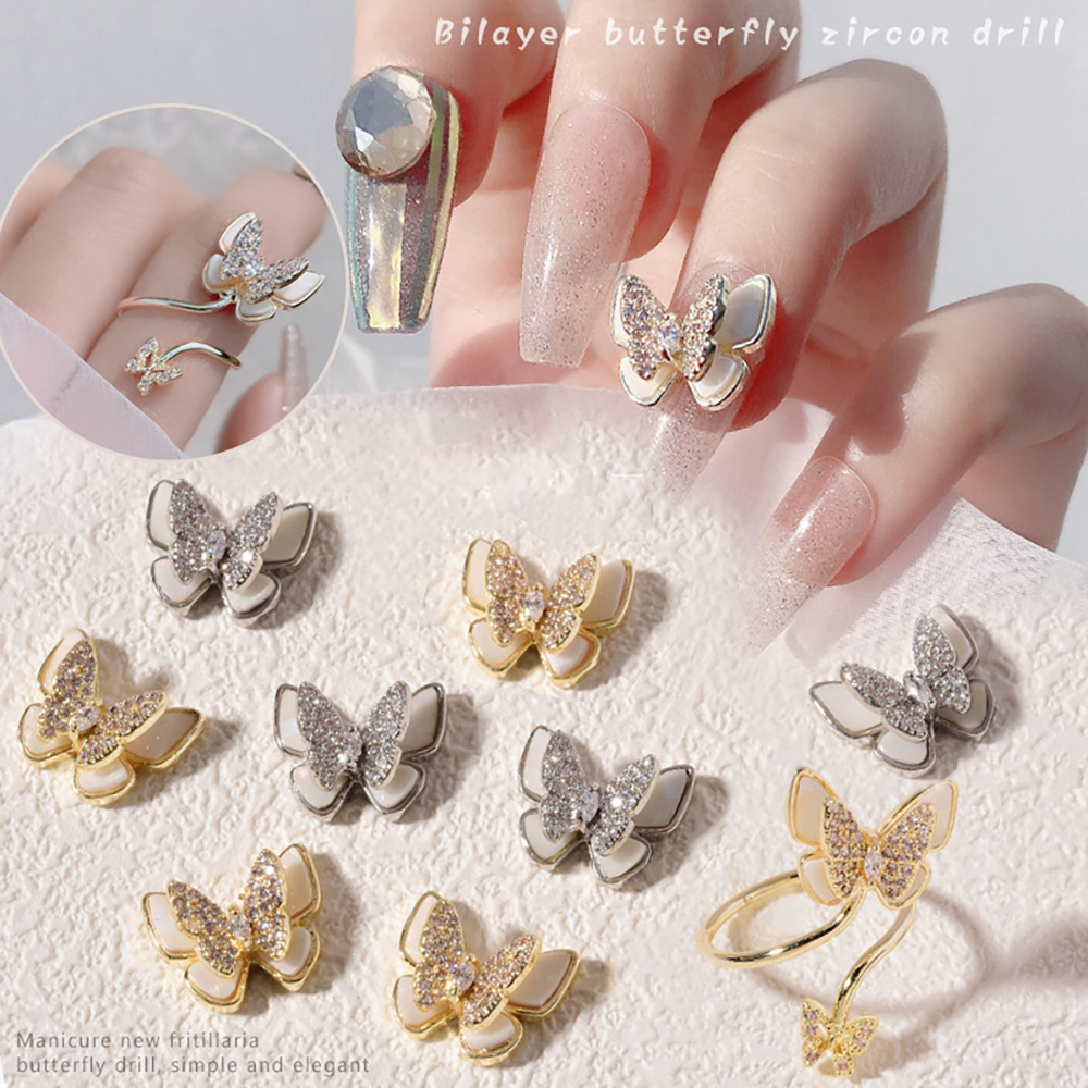 CHARMS (Hàng Mới Về) 1 Nhẫn Trang Trí Móng Tay 3D Hình Bướm Đính Đá Zircon