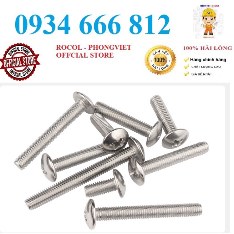50c vít đầu dù thân bulong INOX 304 M3,M3X6, M3X8, M3X10, M3X12, M3X16, M3X20