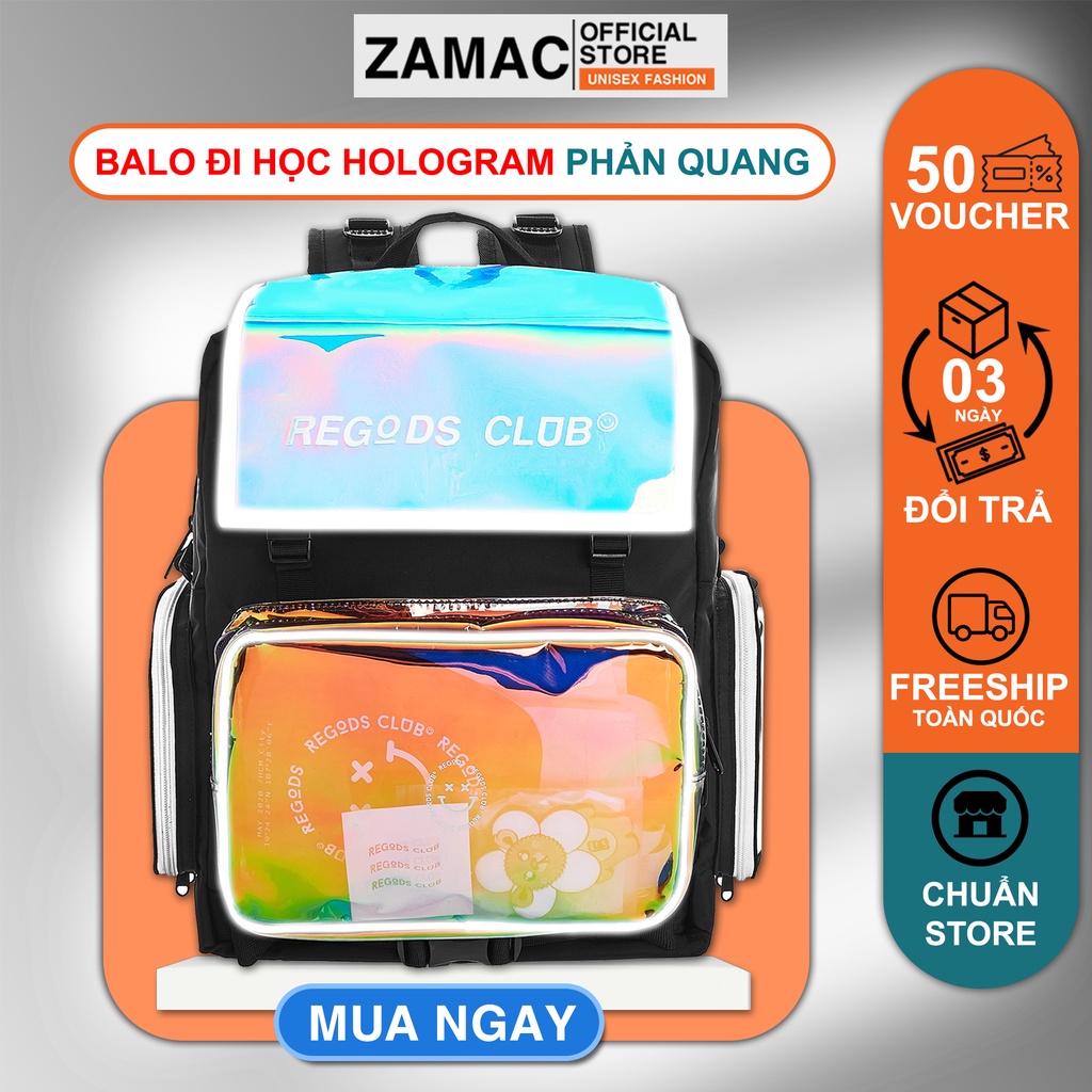Balo đi học hologram đổi màu ZAMAC có ngăn laptop, phản quang form Ulzzang unisex - ZMB33