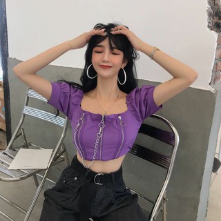 Áo Thun Croptop Nữ Pha Len Cổ Vuông Tay Bồng Phối Khoá Trước Kèm Dây Xích Phong Cách Ulzzang Street style Siêu Cá Tính