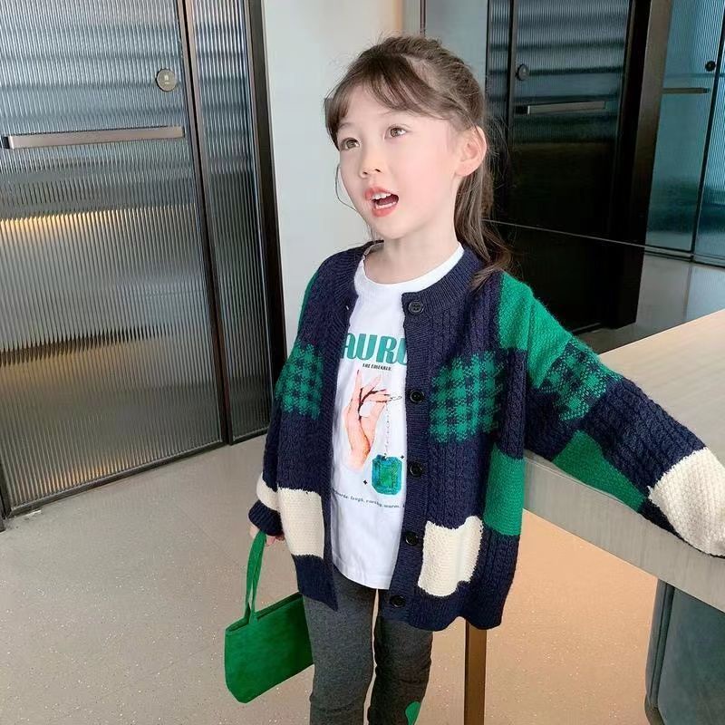 Áo Khoác Cardigan Dệt Kim Màu Sắc Tương Phản Phong Cách Phương Tây Thời Trang Thu Đông 2022 Cho Bé Gái