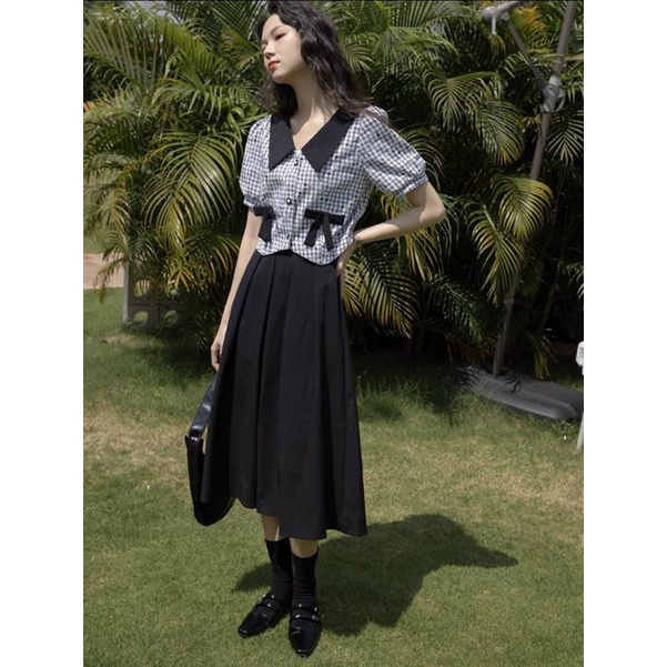 SET ÁO DẠ CARO CỔ VIỀN ĐEN THẮT NƠ TÚI + CHÂN VÁY MIDI ĐEN