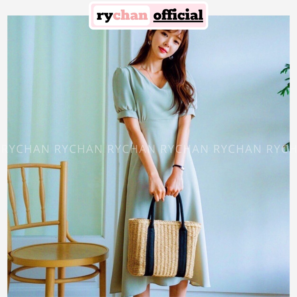 Đầm Nữ Dự Tiệc Dáng Dài Cổ V Tay Bo Ngắn Màu Mint [ẢNH THẬT CUỐI] - DX9786