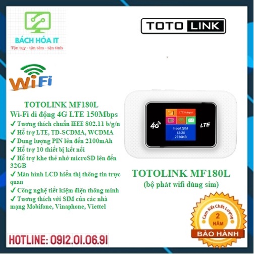 Bộ phát Wifi di động dùng sim 4G TOTOLINK MF180L có màn hình, chính hãng, bảo hành 24 tháng